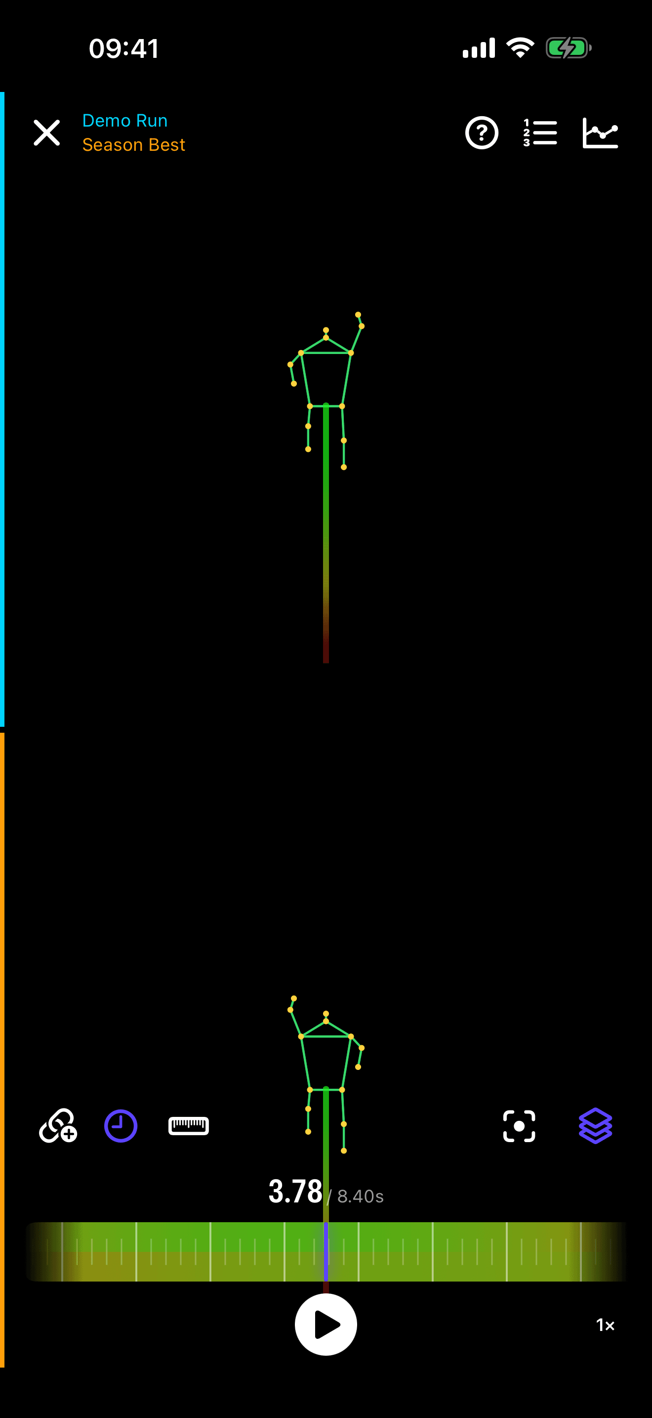 Two speed-climbing runs compared side by side with synced skeletons